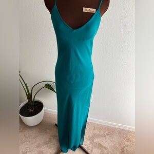 Vintage open back beaded teal maxi gown dress spaghetti straps